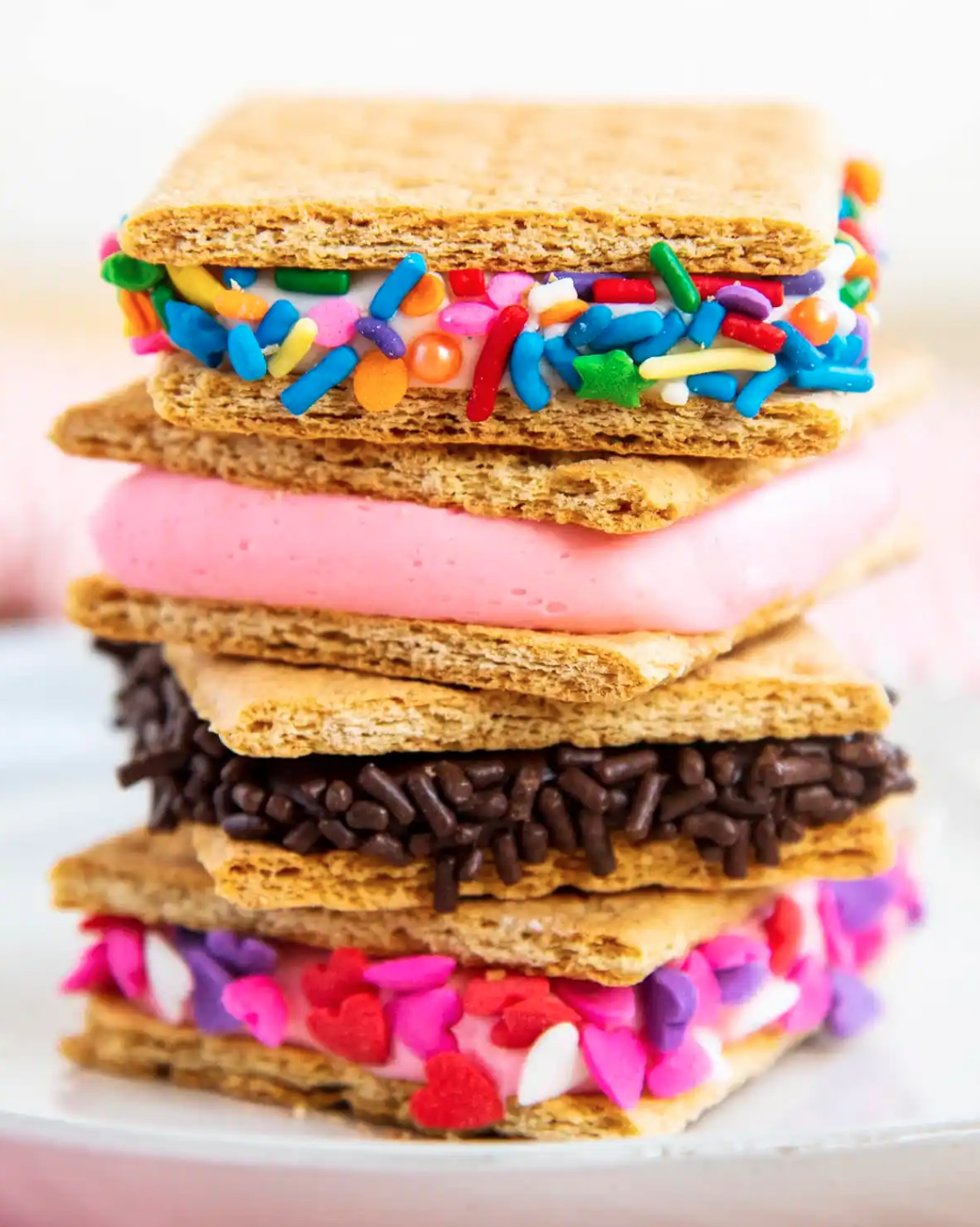 graham cracker sandwiches with frosting and sprinkles between them