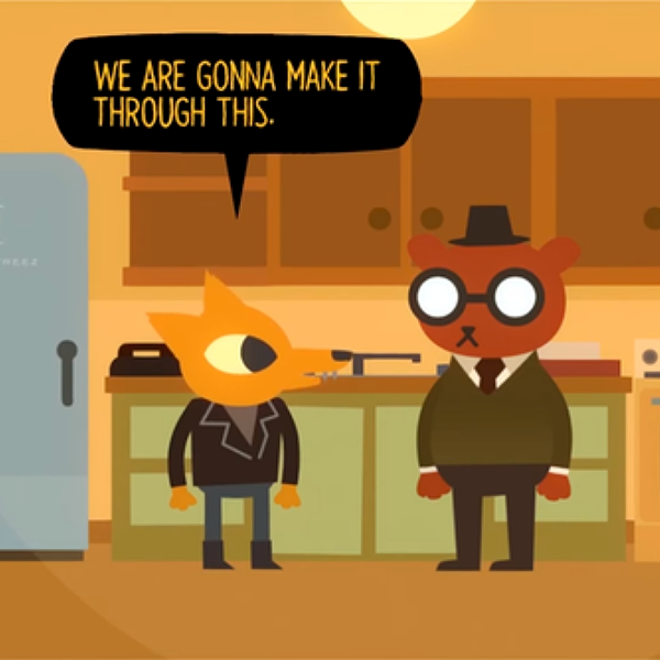 Angus from Night in the Woods stands in the kitchen in a sweater vest, tie, porkpie hat, and glasses.