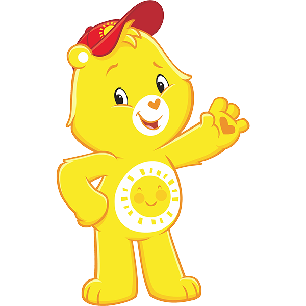 Funshine Bear is yellow with a sunhine on his tummy. He's wearing a red baseball cap.