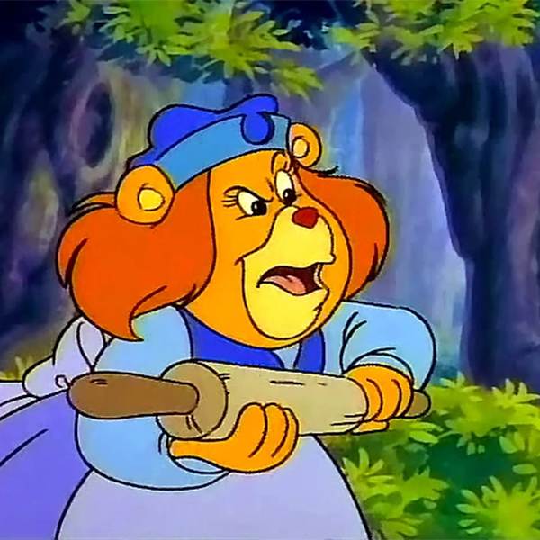 Grammi Gummi scowls and wields her rolling pin aggressively