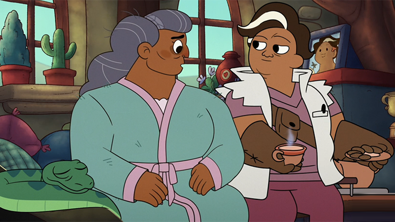 Gladys and Wren sit on the bed with some soup and cookies.