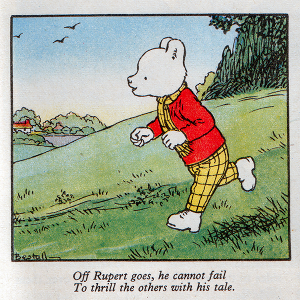 "Off Rupert goes, he cannot fail / To thrill the others with his tale." Rupert wears a red sweater and yellow plaid pants, with a matching yellow plaid scarf.