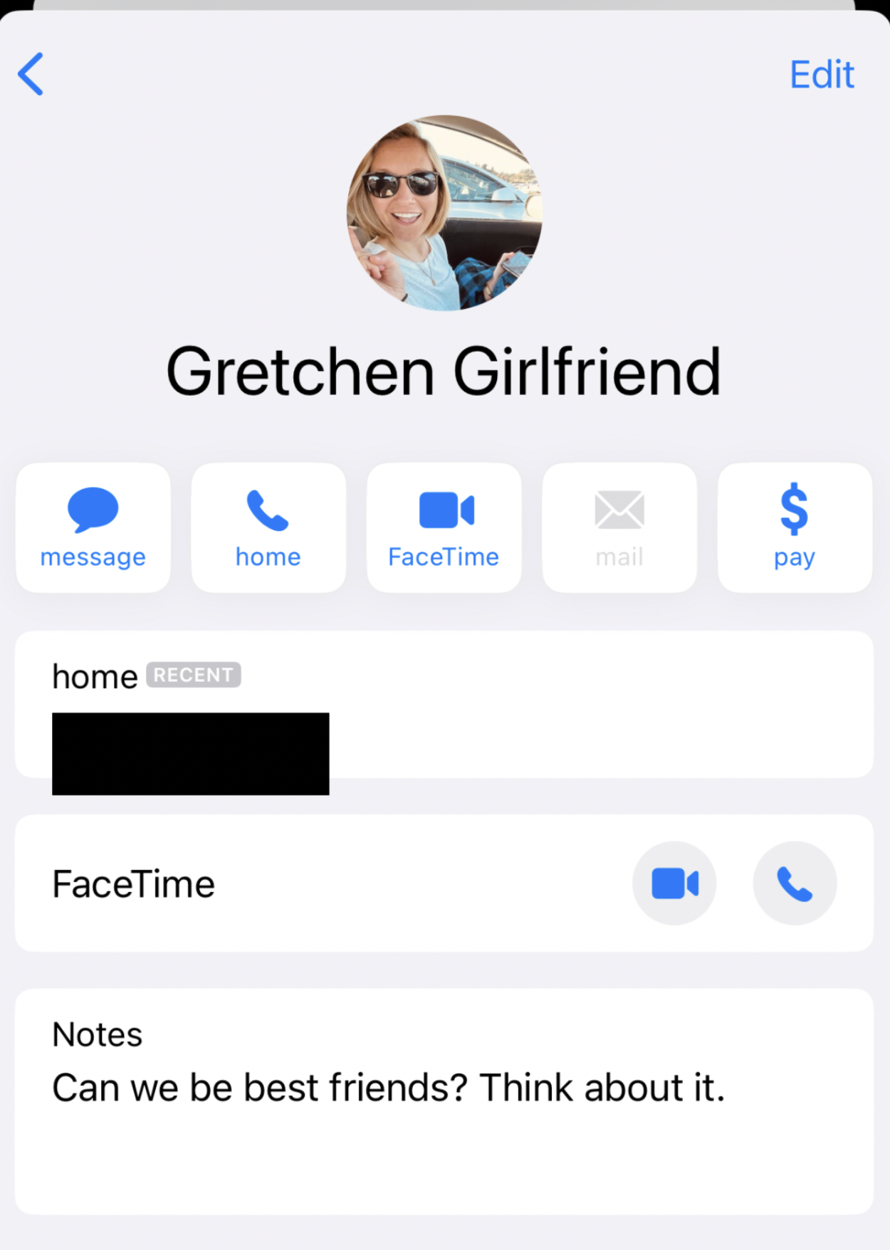 Gretchen Girlfriend contact info saved in my phone. Under notes it says "can we be best friends? Think about it."
