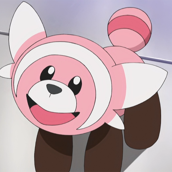 Stufful looks like a red panda, but the red parts are pink. He's grinning real big.