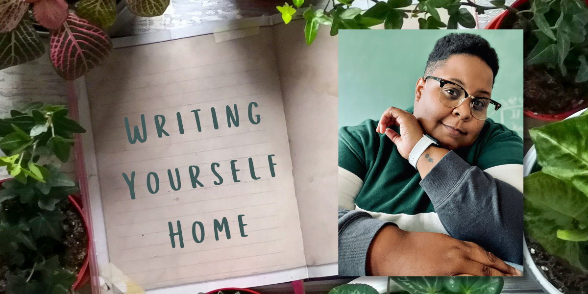 a photo of shea, a Black nonbinary human with glasses and short hair wearing a long sleeved polo is superimposed on a houseplant filled background with an open notebook on top. on the notebook are the words 