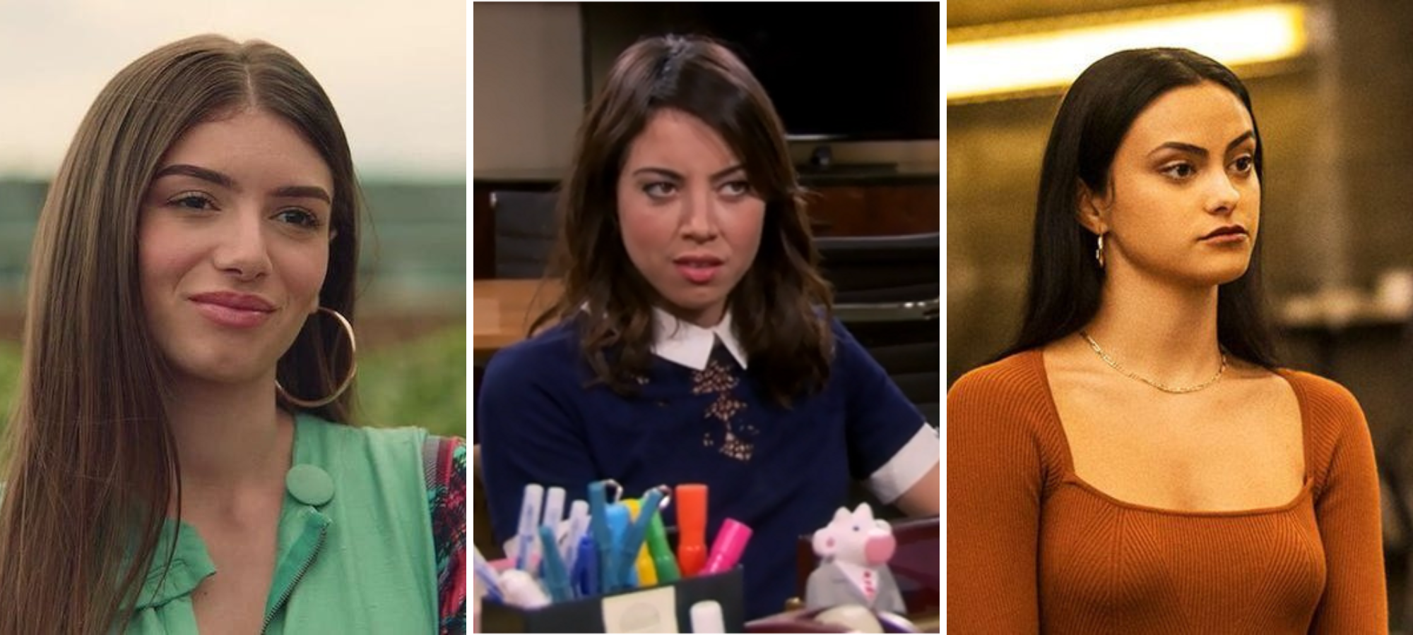 Ruby Matthews, Sex Education Veronica Lodge, Riverdale April Ludgate, Parks & Rec all three are young women with long brown hair. april looks the most sarcastic, ruby looks smug, and veronica looks a little devious yet smart