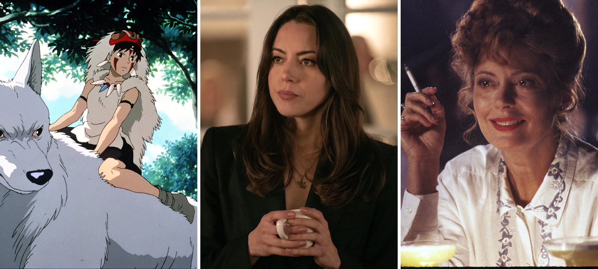san is a young studio ghibli character riding a wolf, riley is a latinx woman wearing a blazer and looking serious, and louise is a white woman with curly hair here smiling and smoking a cigarette