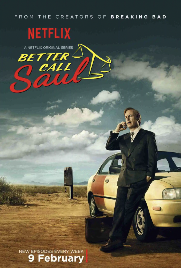 the cover of better call saul features a man leaning against a car in a suit