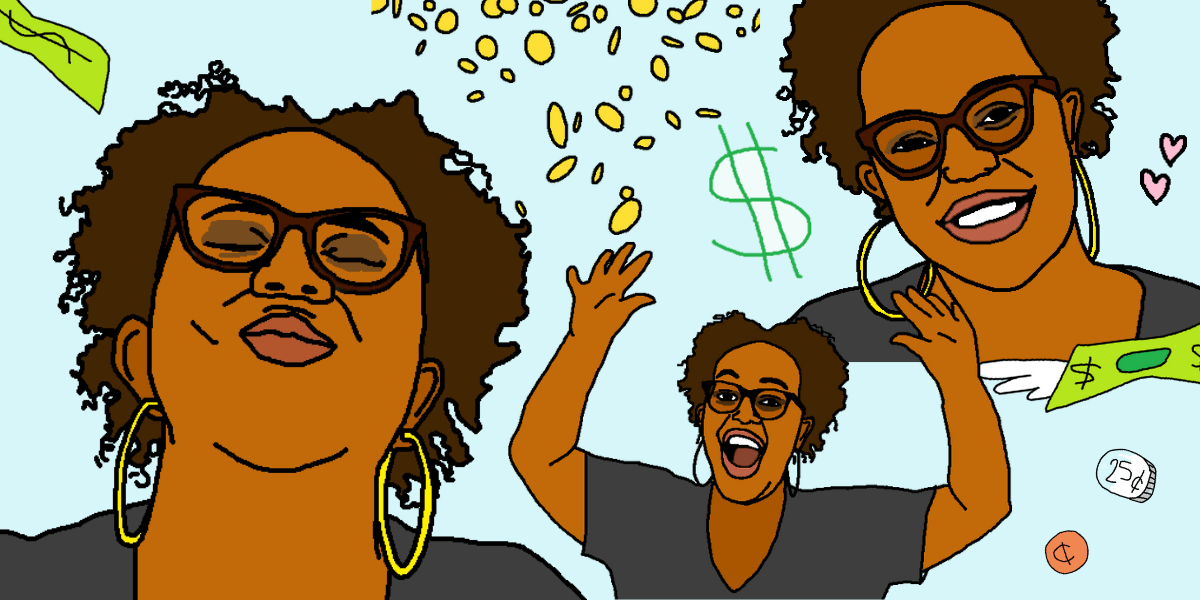 Various drawings of Carmen (a Black woman with an Afro) celebrating