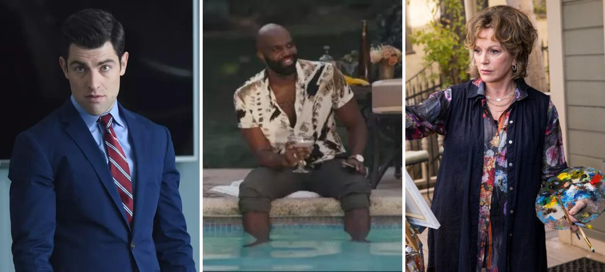 Schmidt, New Girl Marcus, Hacks Camille Braverman, Parenthood here schmidt is a white man with dark hair wearing a suit, marcus is a black man with no hair and a beard sitting on the edge of a pool and smiling and Camille is a white woman with brown hair who is standing and painting on a canvas