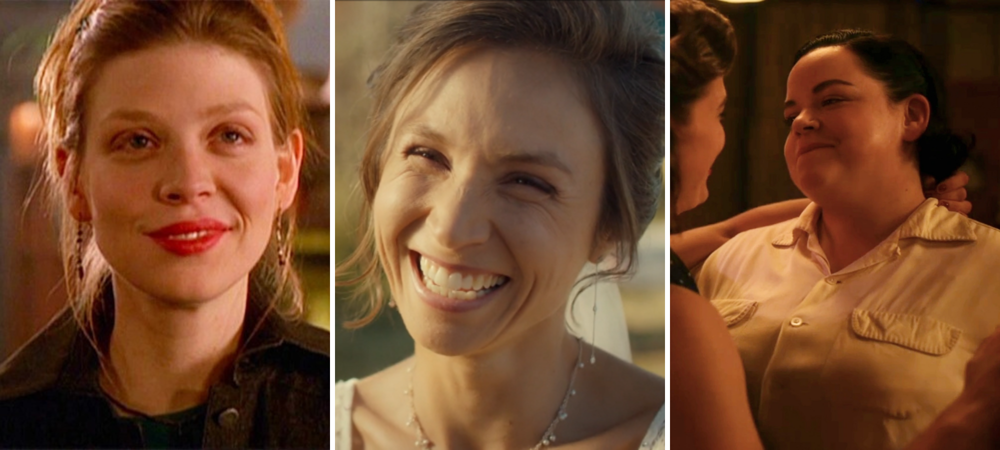 Waverly Earp, Wynonna Earp Tara, Buffy the Vampire Slayer Jo, A League of Their Own Waverly is a white woman who here is smilling broadly. Tara is a white woman who is seen here smiling softly. Jo is a white butch woman who is shown smiling while dancing with another woman.