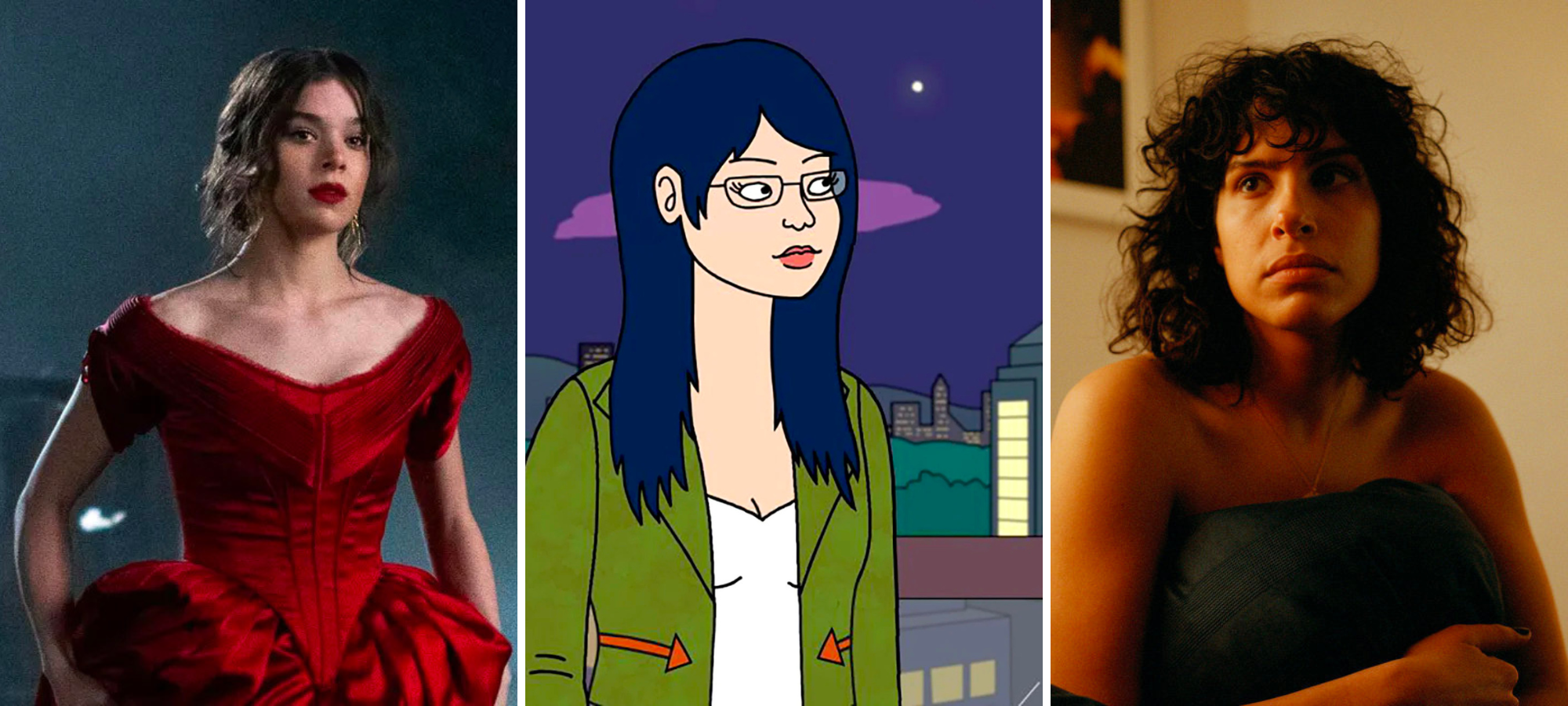 Diane Nguyen, BoJack Horseman Leila, The Bisexual Emily Dickinson, Dickinson Diane is a cartoon and a young asian woman with long hair, glasses, and a green jacket. Leila from the bisexual is a curly haired woman who here is shirtless and holding a blanket. Emily Dickenson is a white woman here wearing a red dress and red lipstick.
