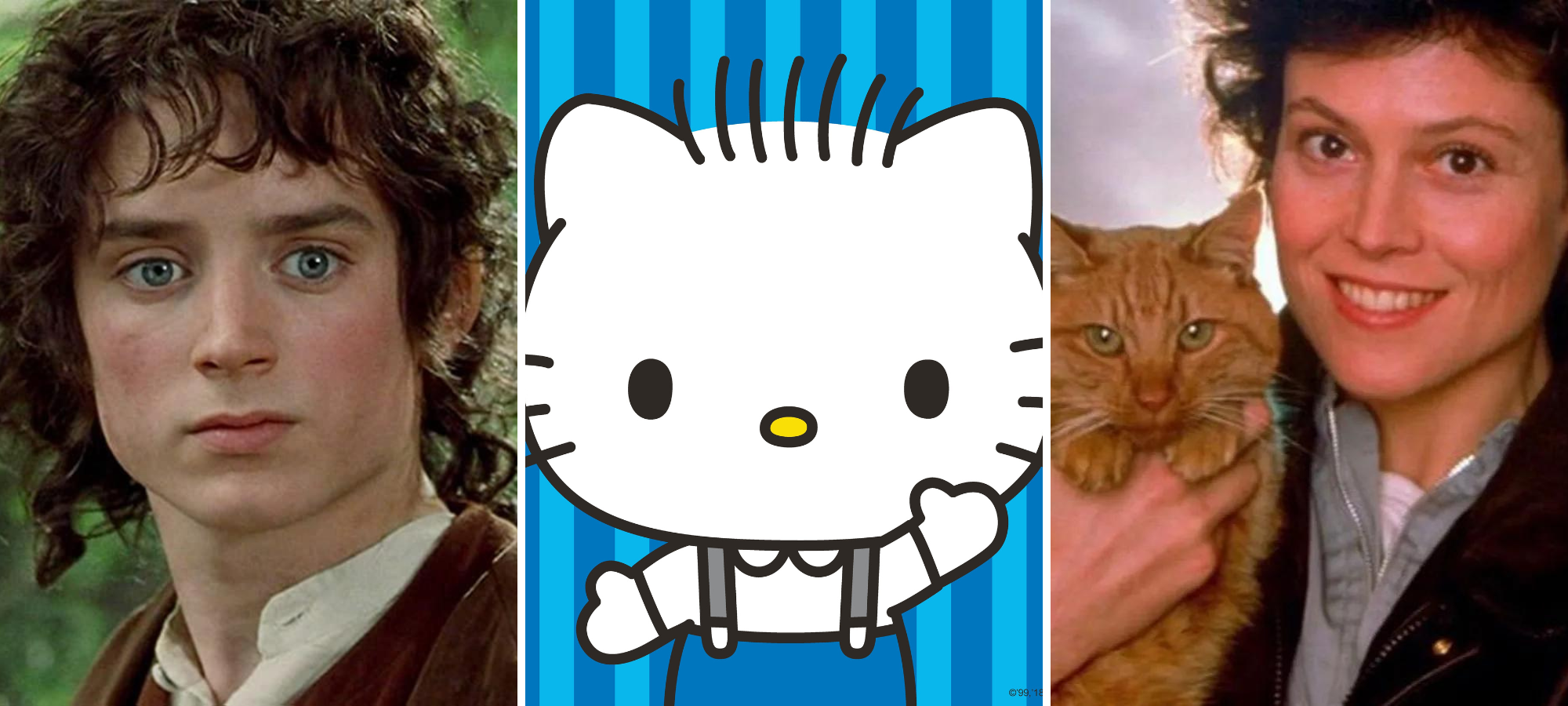 pictured here are Frodo who is a hobbit with curly brown hair, hello kitty's boyfriend who is a cartoon cat, and ripley from alien, smiling and holding an orange cat. ripley is a white woman.