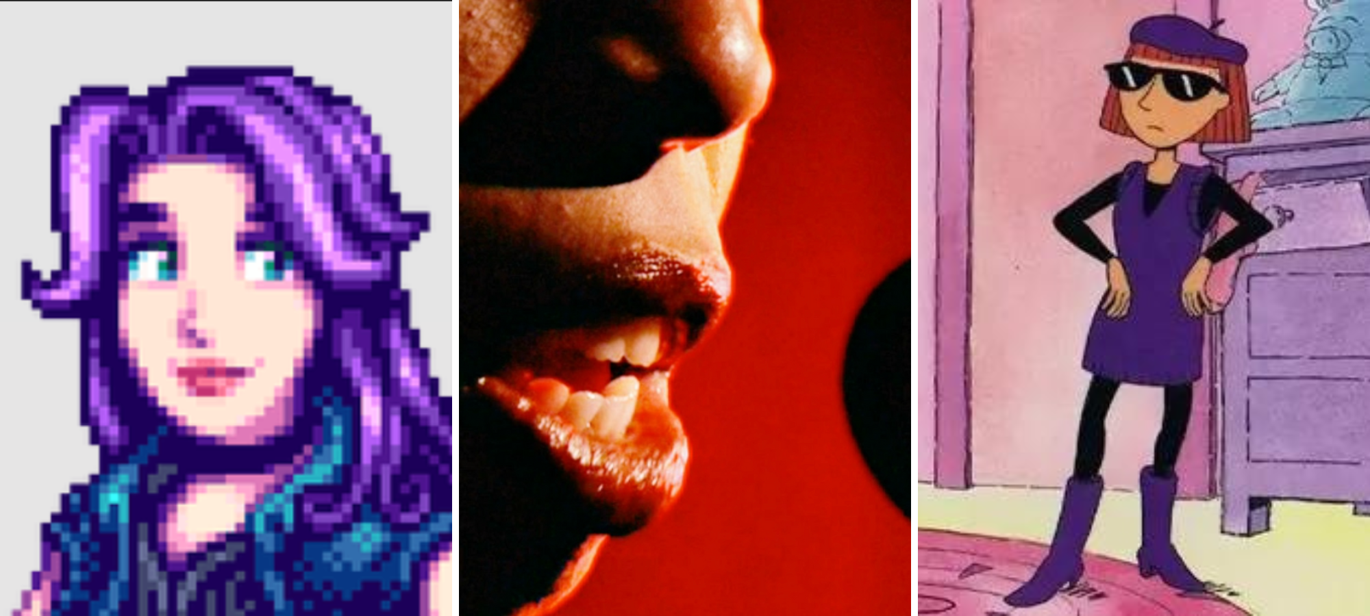 abigail is a pixelated video game character with pale skin and purple hair, judy funny is a white red haired cartoon wearing a purple dress with a beret and boots and sunglasses, and the DJ is just depicted as a closeup of a Black woman's lipsticked mouth near a microphone