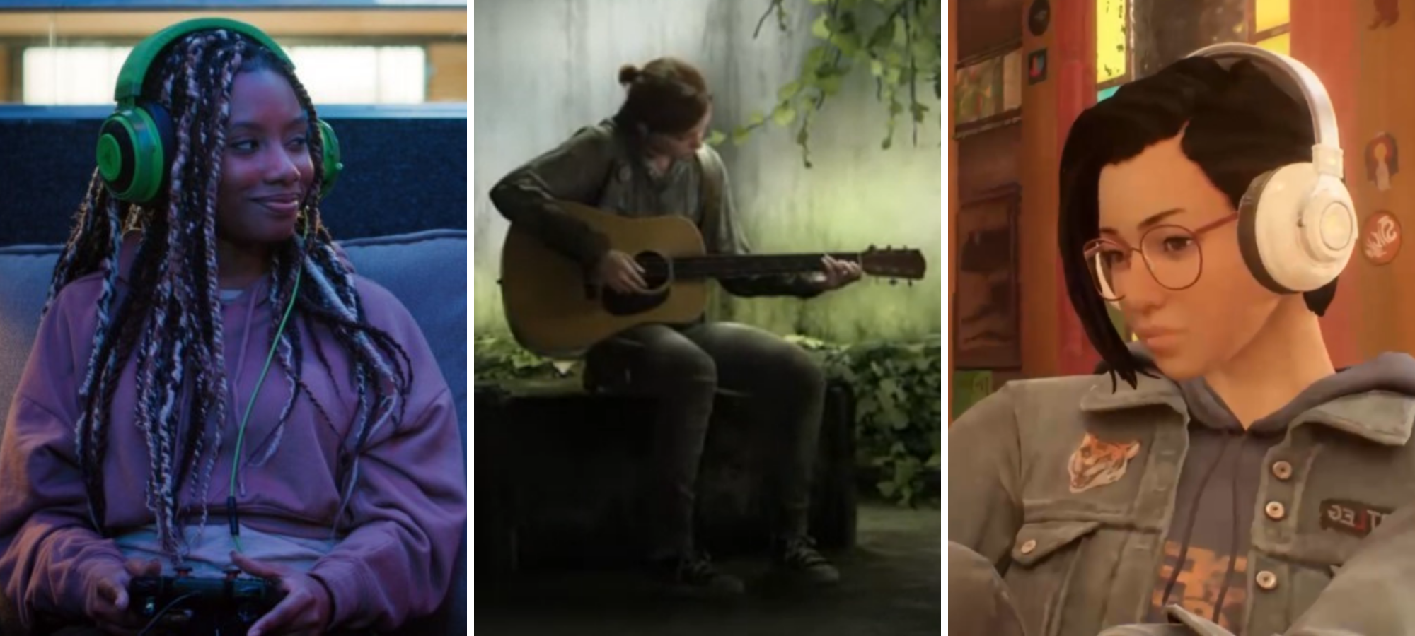Ellie, The Last of Us: Part II Dana, The Mythic Quest Alex, True Colors Ellie is a white video game character here playing a car, Dana is a Black girl with long braided hair with green streaks, and Alex is a video game character with dark hair and pale skin wearing headphones