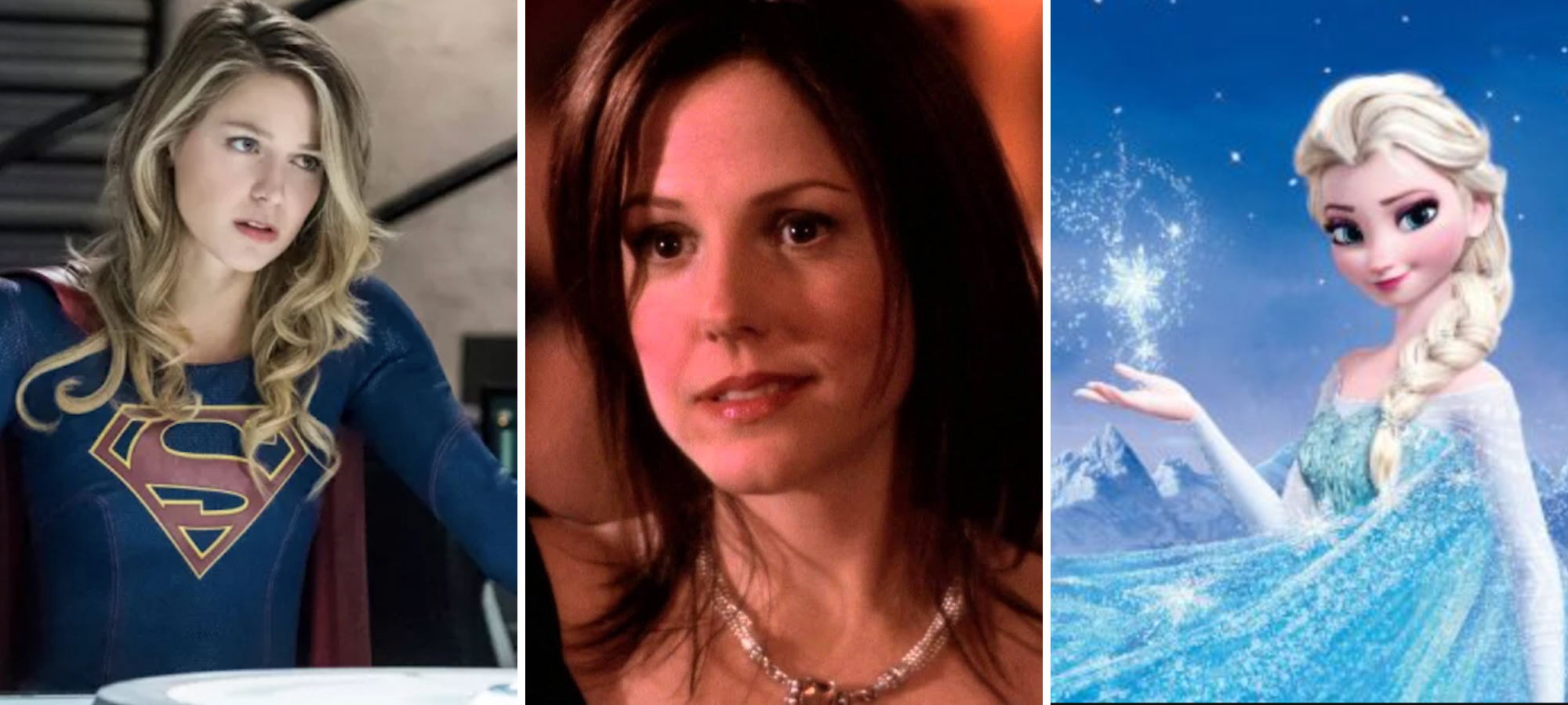 supergirl is a white blonde woman in a supergirl costume, elsa is a white blonde pixar cartoon wearing an icy dress and floating a snowflake above her hand, and kara danvers from the west wing is a white woman with brown hair