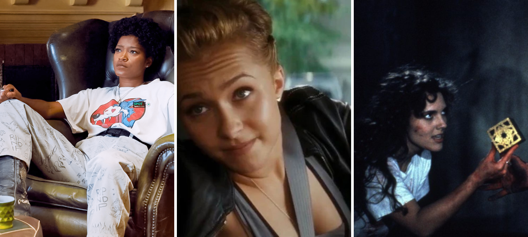 em in Nope is a young black woman who is seen here sitting bisexually in a chair, kirby of scream is a white looking blonde woman who is here driving a car, and kirsty of hellraiser is a young white woman with long curly hair holding up the puzzle box to a cenobyte