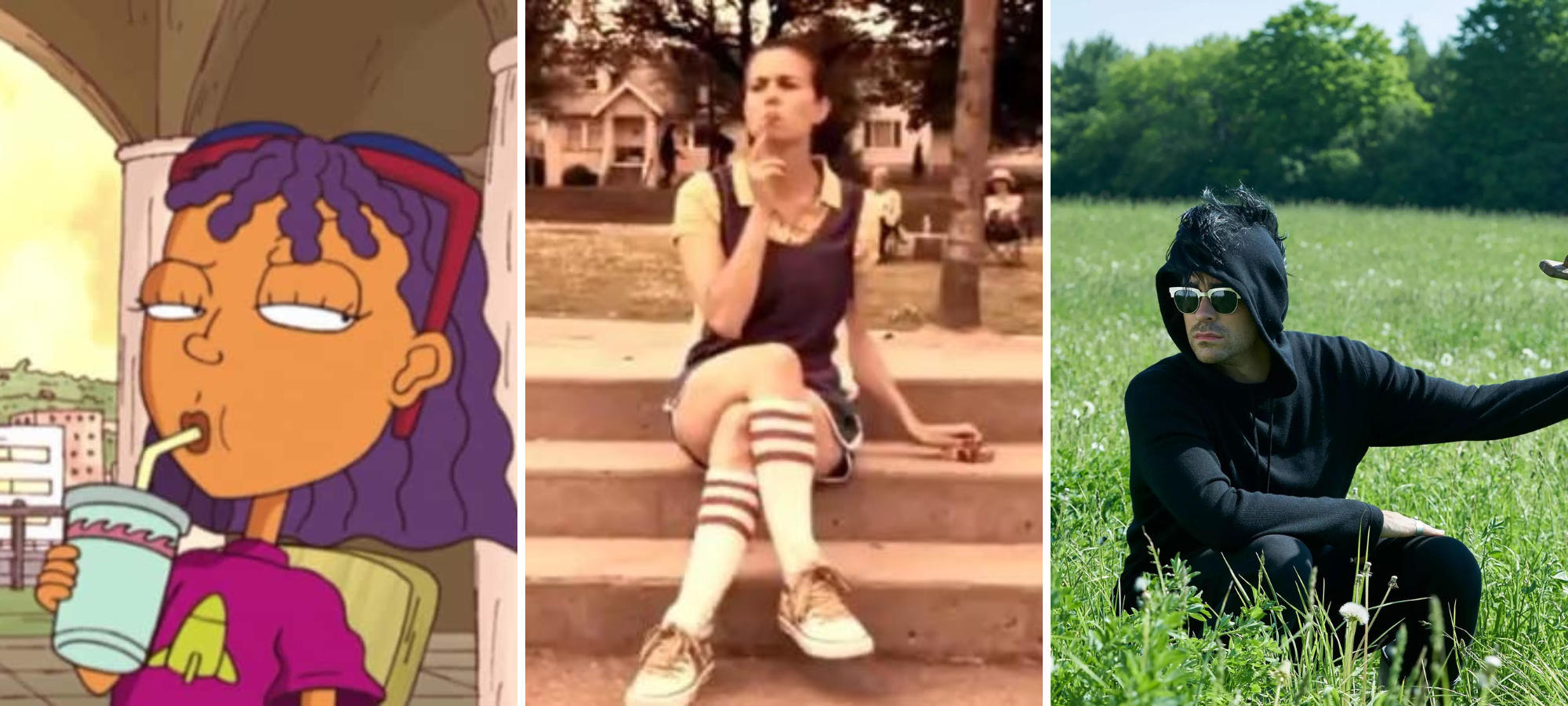 reggie of rocket power is a cartoon of a mixed race middle school girl with purple hair who is looking sassy, jenny is a young white woman who here is smoking in sports clothes on a basketball court, and david rose is a white man who is taking up a sassy stance in a green grass field, head covered by a black hoodie, wearing sunglasses and holding a pitchfork