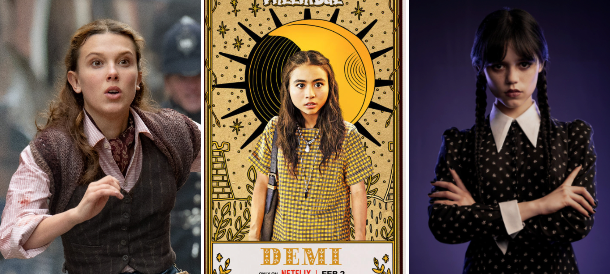 all three of the characters are young girls, enola in sherlock era clothes, demi in contemporary clothes, and wendesday in her black dress with sharp white collar