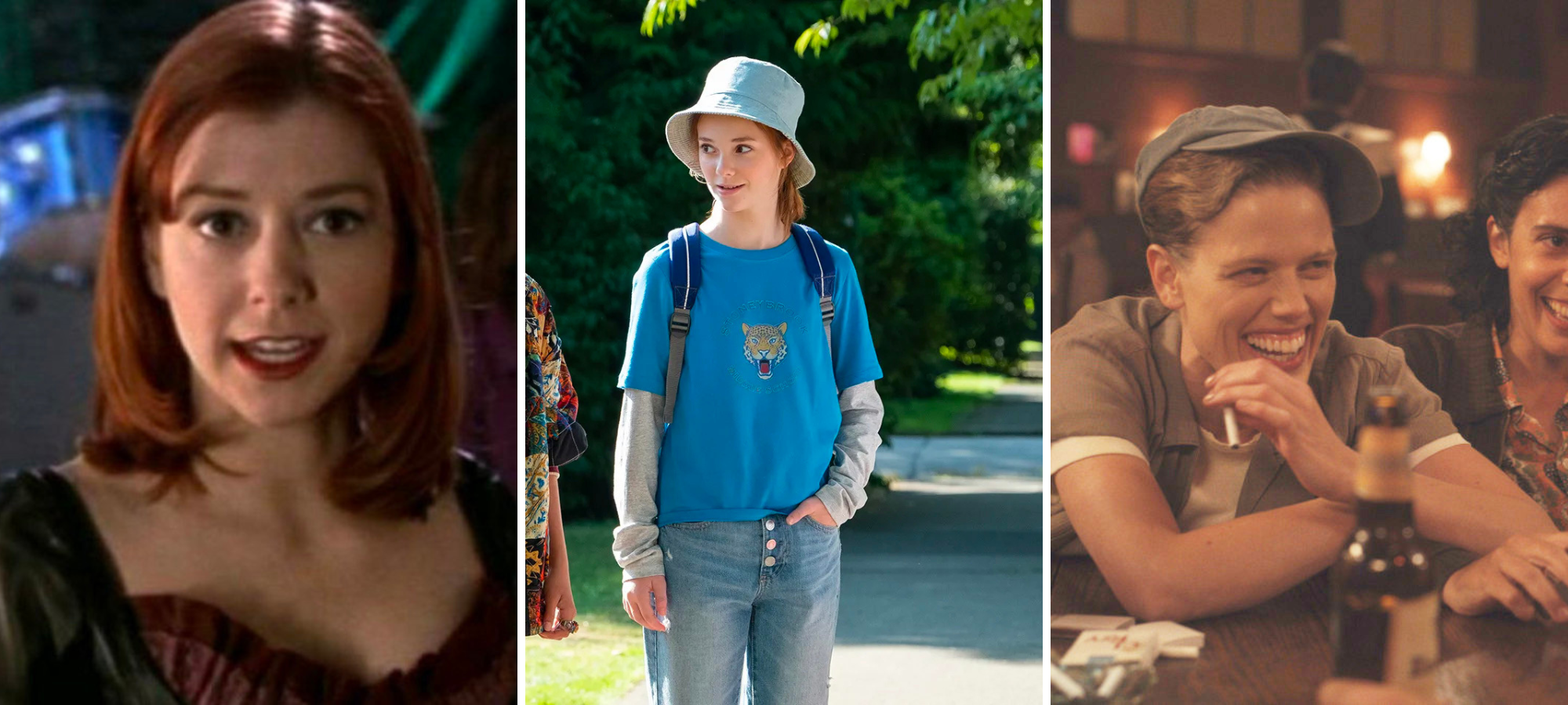 willow is here in her vampire outfit, saying something. she is a white woman with red hair. kristy is a young, blonde, white tomboy, and Jess is a white butch woman who here is seen smoking, having a beer and wearing street clothes and a cap on a league of their own