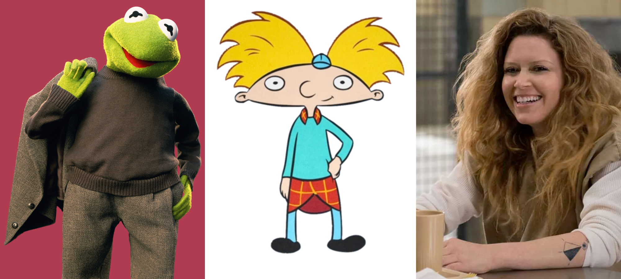 there is an image of kermit the frog wearing a tweed suit and brown sweater, arnold who is a cartoon with a football shaped head and blonde hair and a small hat in the center as well as a sweater, plaid shirt under it, and jeans. Nicky Nichols is a white incarcerated woman shown here with bushy orange hair, smiling.