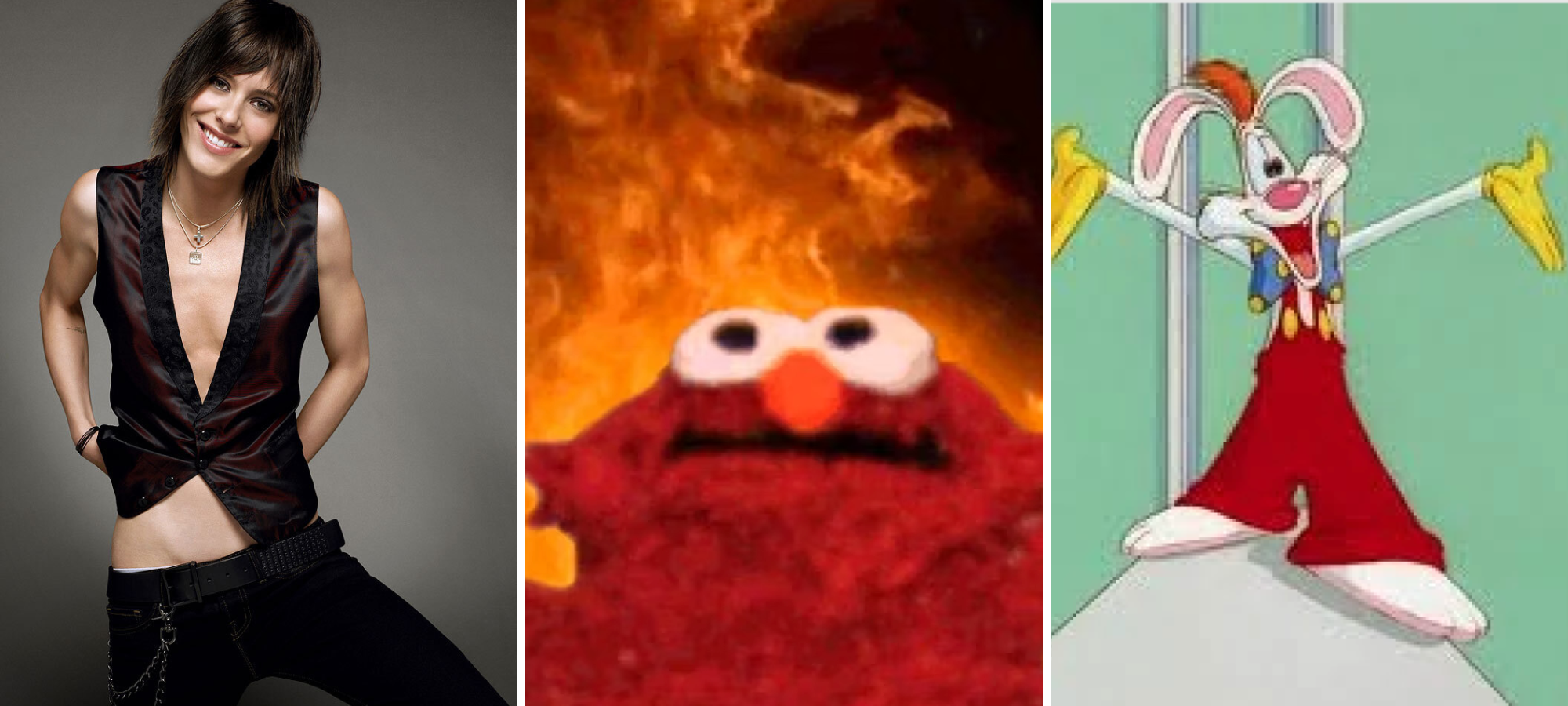 shane is posing in an outfit that is iconically, just a vest and pants. shane is a white butch woman with short dark hair. elmo is raising his arms, looking demonic, with a background of flames. elmo is a red furry puppet. roger rabbit is a cartoon rabbit wearing yellow gloves and red suspenders and grinning.