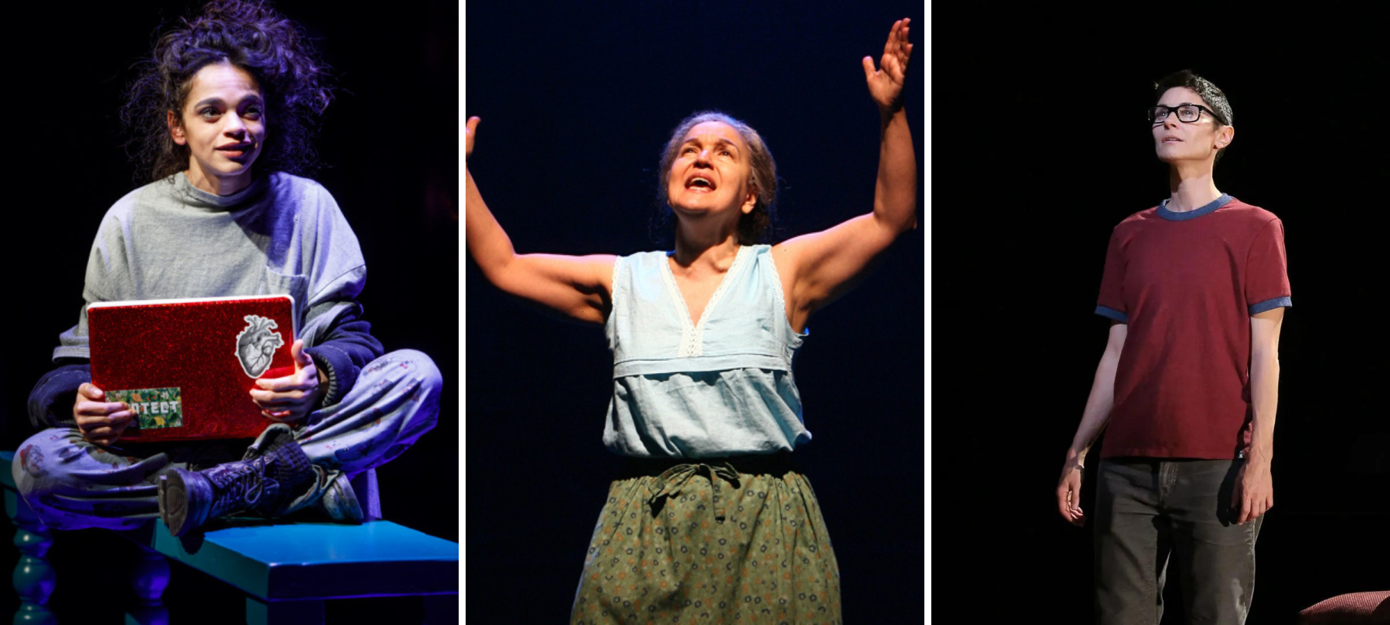 acollage of the following three characters as photographed on stage: Alison, Fun Home Abuela Claudia, In the Heights Olivia, Miss You Like Hell