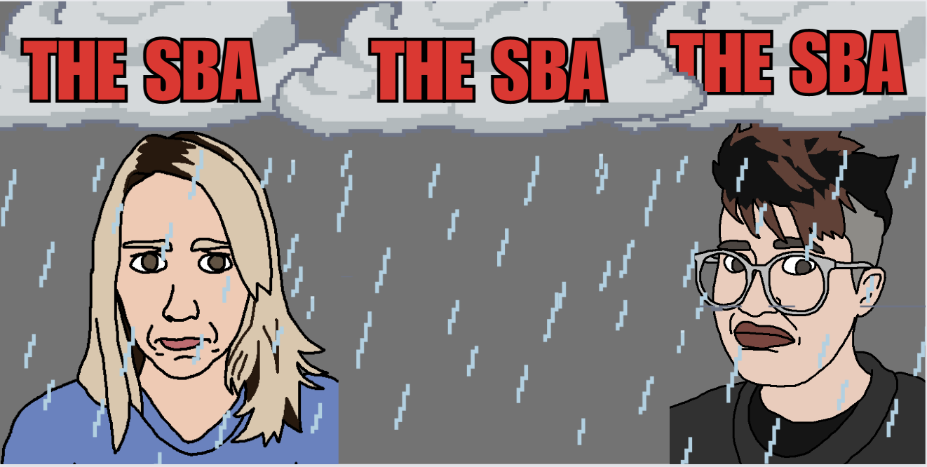 ms paint style drawings of riese and nico, two white people, riese with blonde hair and nico with a brown mohawk and glasses, under rainy clouds labeled with "SBA" in large red letters