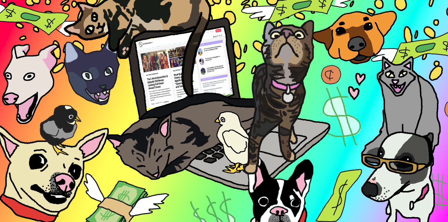 a rainbow background covered in a chaotic amalgamation of ms paint style dogs and cats and chicks with a cat sleeping on an open laptop that is open to the autostraddle website