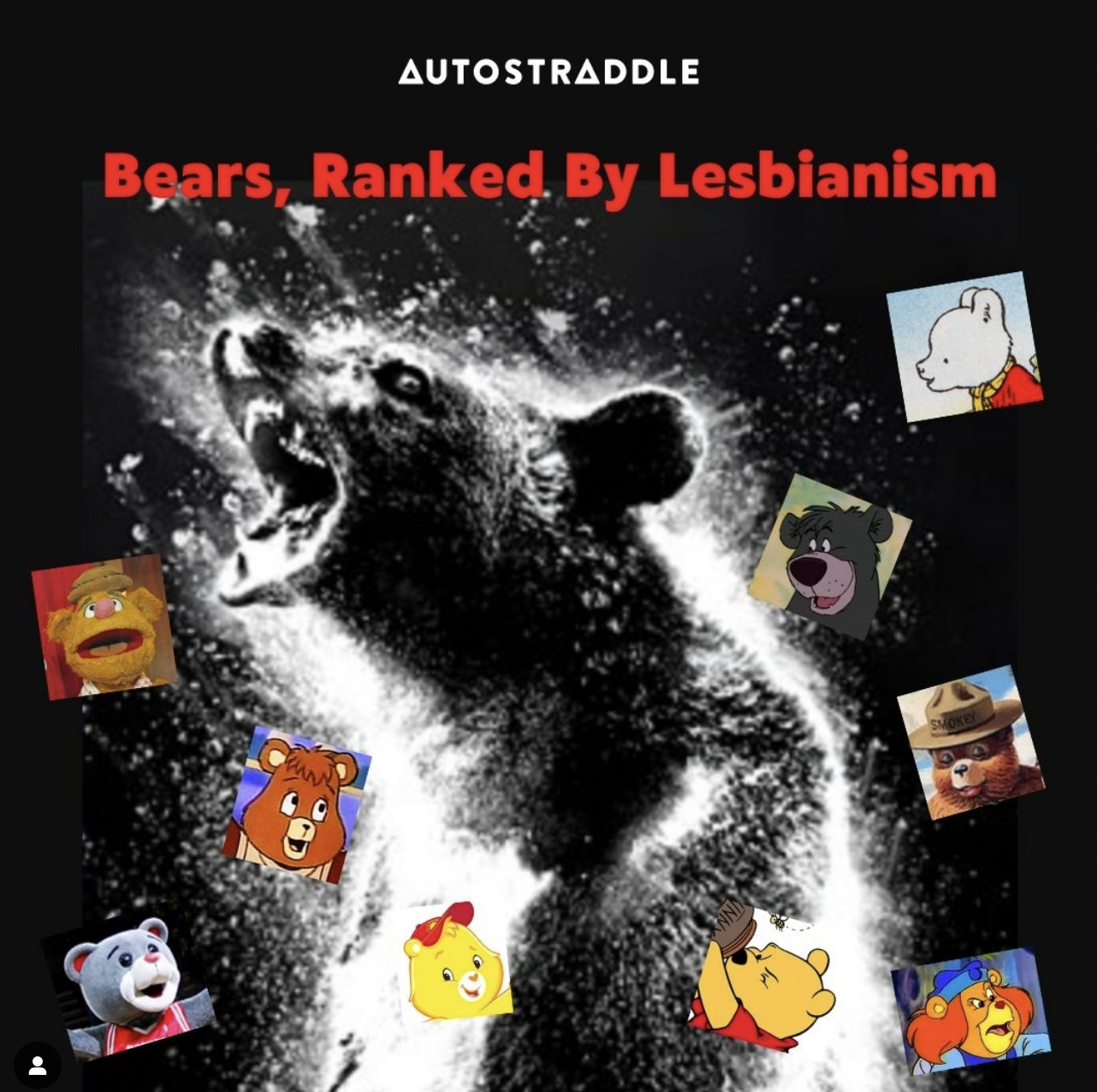 A graphic from the movie Cocaine Bear is adapted to say "Bears, Ranked by Lesbianism" with various cartoon bears photoshopped in small squares around it
