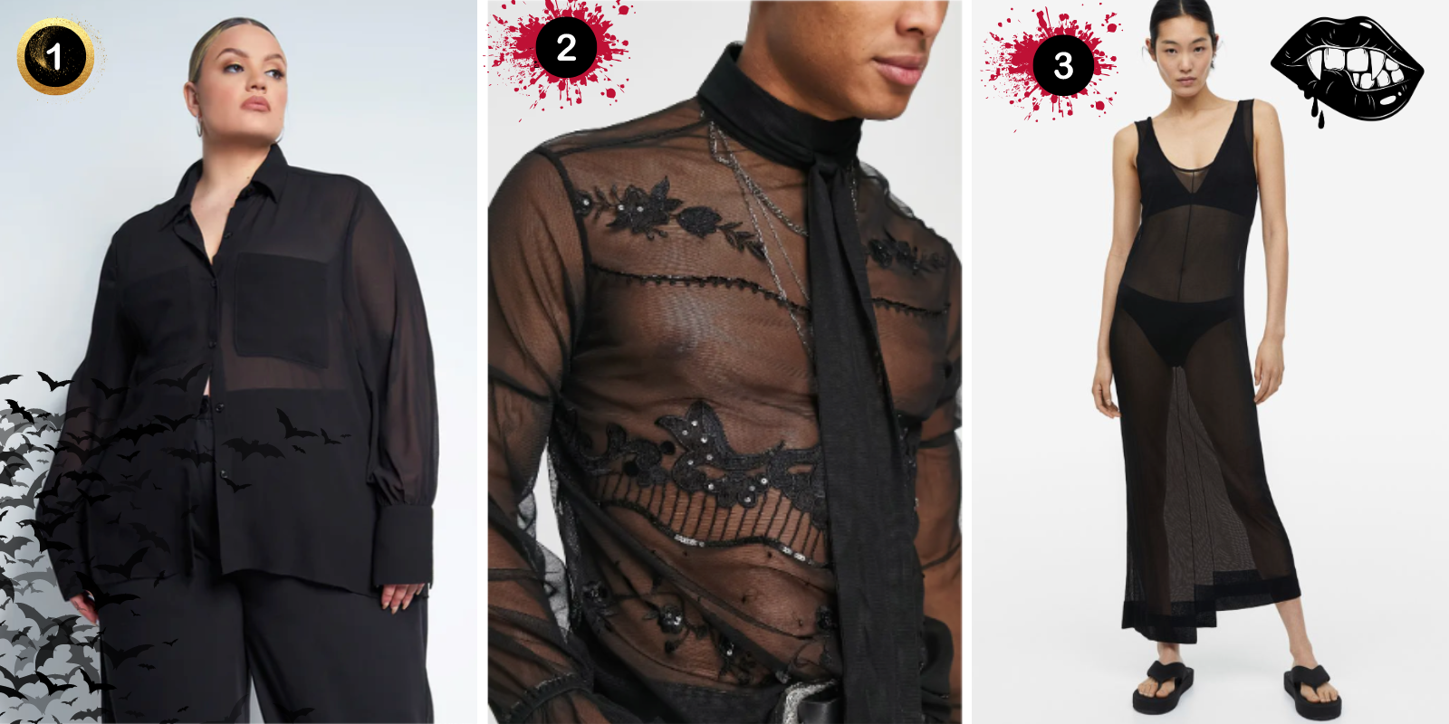 three images from left to right, a plus size model displays a sheer, boxy black mesh button up shirt, next a straight size model wears an elaborately embroidered black mesh shirt with a top neck tie that drapes down over the front, third a straight size model wears a long, sheer, clingy dress that is super minimal and ends in an assymetrical hem