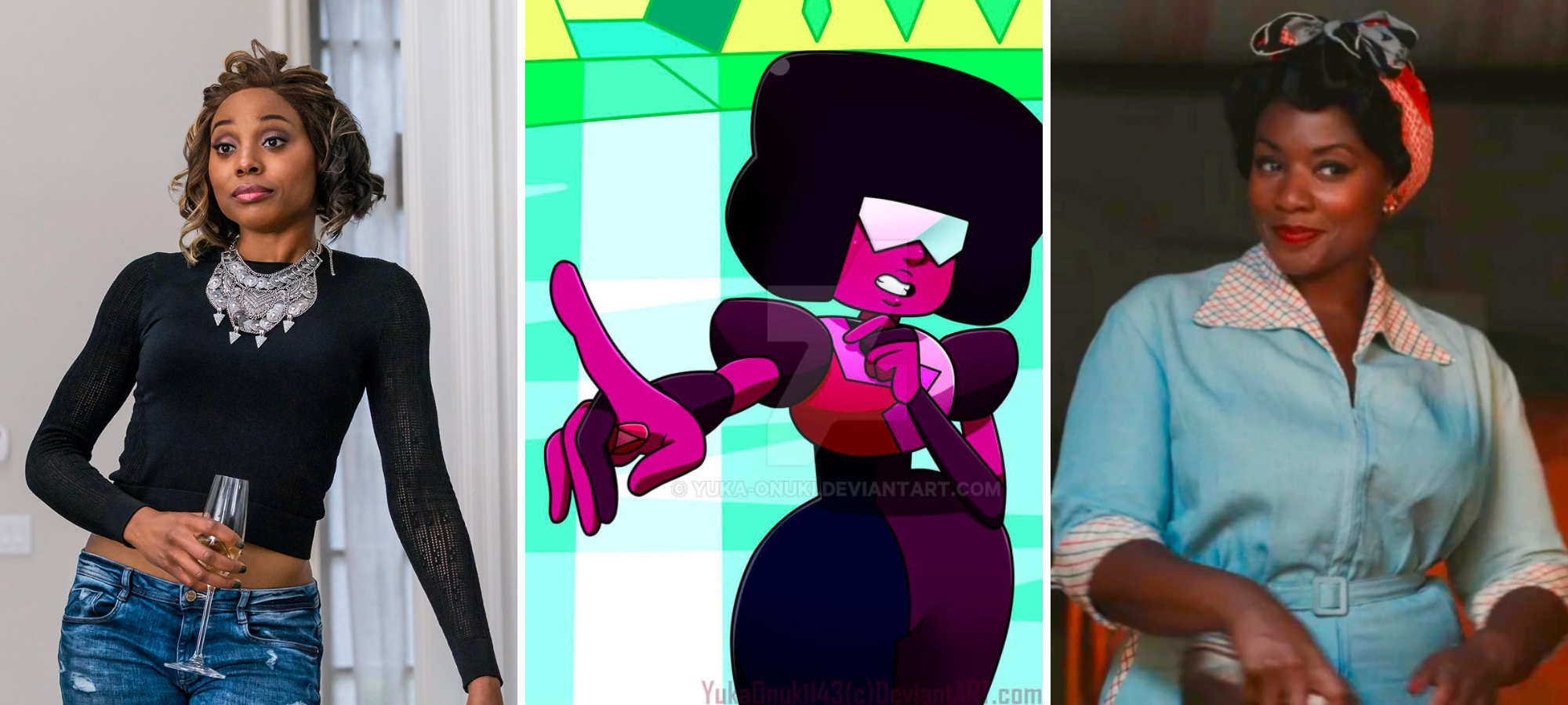 Gracie Hart, A League of Their Own Garnet, Steven Universe M-Chuck, Survivor's Remorse M Chuck is a Black woman holding a wine glass, leaning. Garnet is a cartoon with an afro and big shiny sunglasses who here is holding up a pointer finger. Gracie Hart is a black woman who, in this image, is wearing her hair up in a bandanna and a factory work jumpsuit.