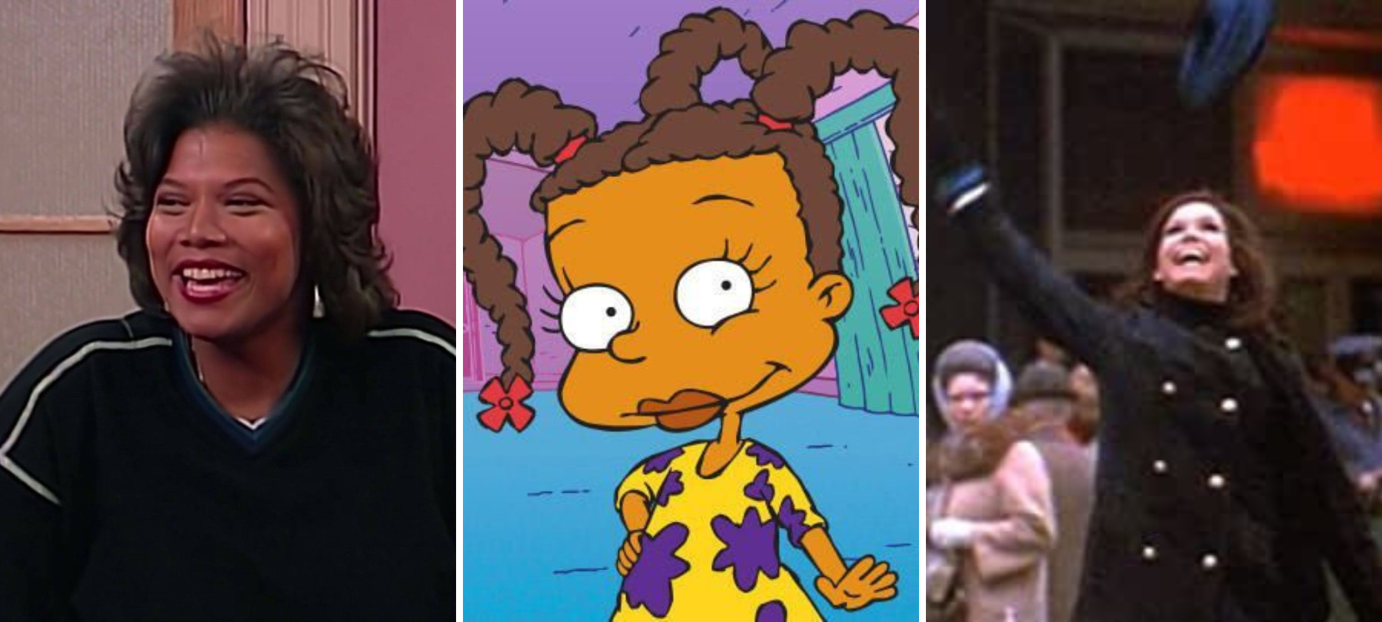 Khadijah James, Living Single Susie Carmichael, Rugrats Mary Richards, The Mary Tyler Moore Show Khadijah is a Black woman who is seen here smiling. Susie is a cartoon and a young black girl with her hair in three braids and a colorful dress. Mary Richards is a white woman who here is shouting and raising an arm, while outside.