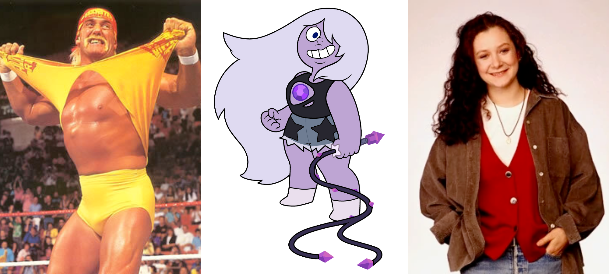 hulk hogan is a white male wrestler who is here gritting his teeth, showing off his iconic beard, and tearing his yellow shirt off of himself. amethyst is a cartoon alien who is all in shades of purple and is holding a whip. darlene connor of roseanne is a young white woman with long brown hair wearing a 90s outfit.