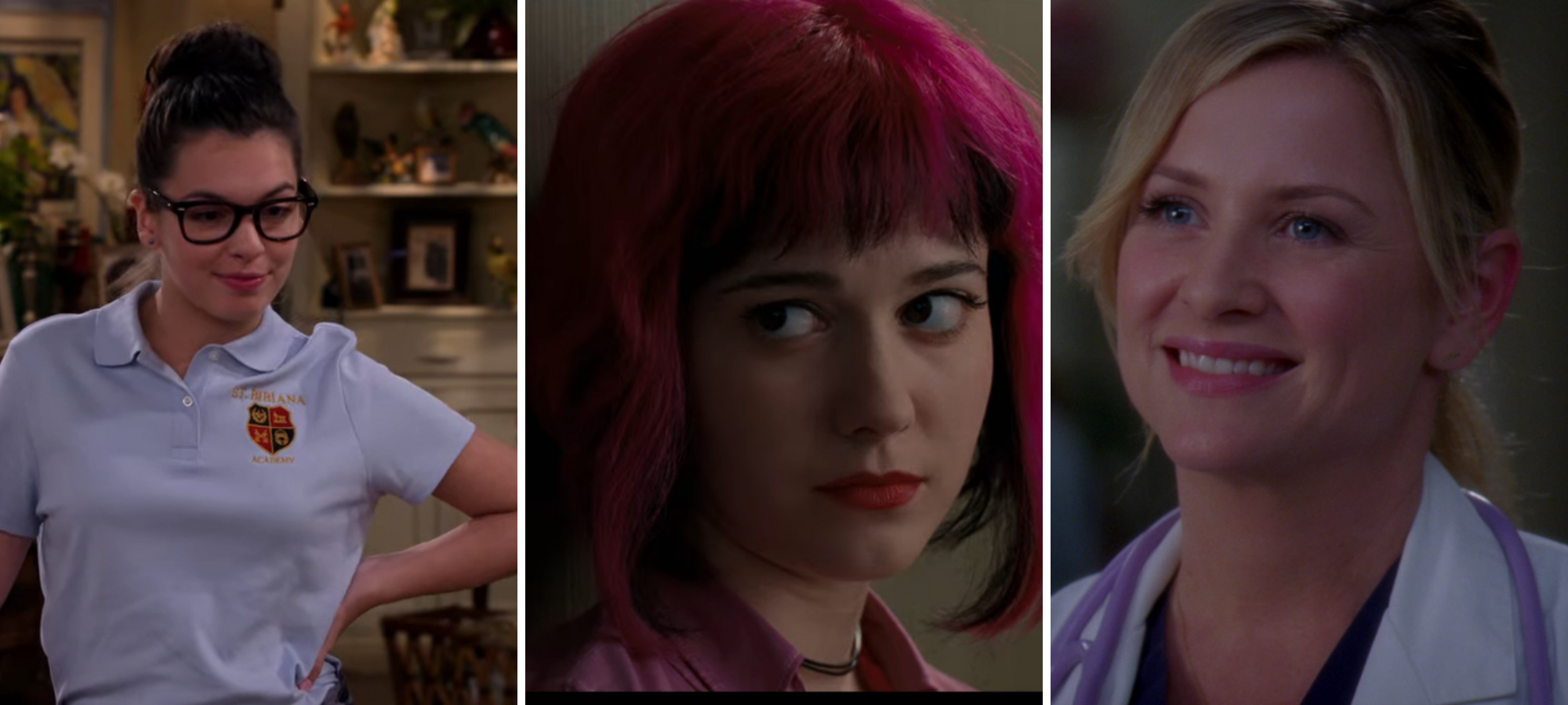 Ramona Flowers, Scott Pilgrim vs. The World Elena Alverez, One Day at a Time Arizona Robbins, Grey's Anatomy Ramona has dyed pink hair and is looking serious, Arizona is a white woman with blonde hair wearing a lab coat and stehoscope, and Ramona flowers is a young latinx woman with glasses wearing a school polo.