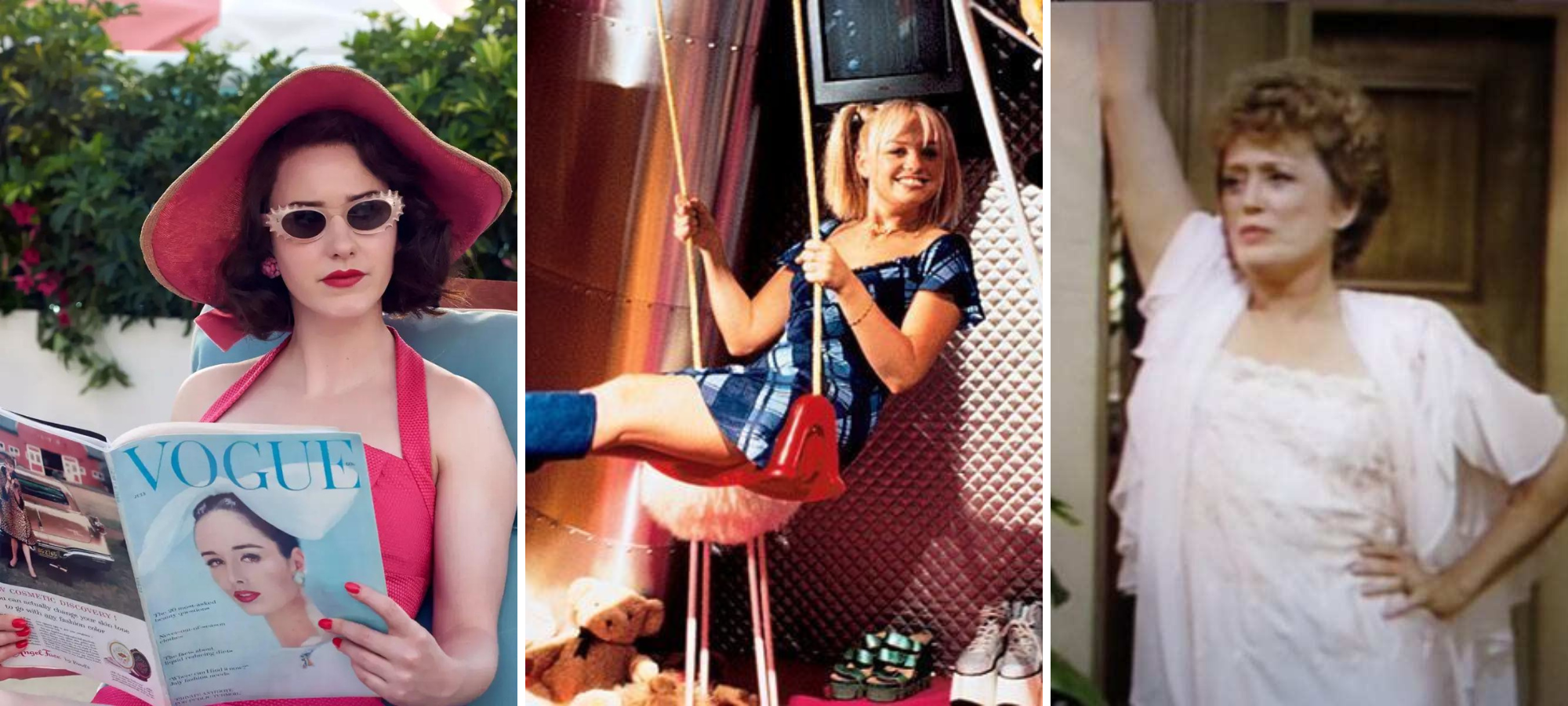Midge of Mrs. Maisel is a white woman with dark hair reading a vogue and wearing a pink bathing suit and matching hat. Baby spice is a blonde white woman smiling naively, sitting on a swing in a mod style dress. Blanche is an elder white woman wearing vintage loungewear and leaning sassily.