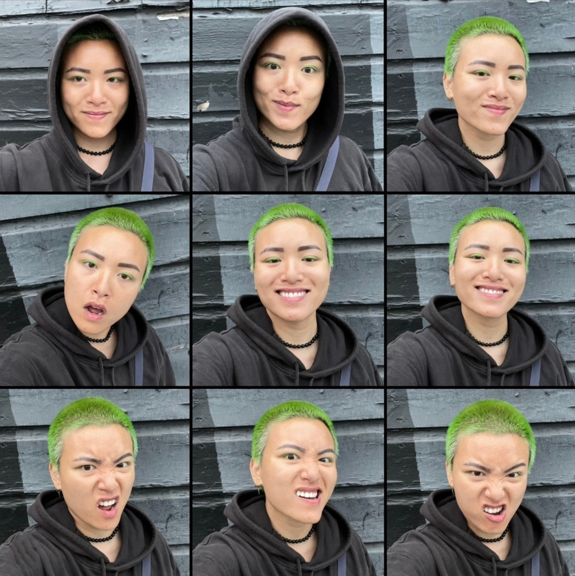 A collage of Viv in different poses with green hair and a sweatshirt.
