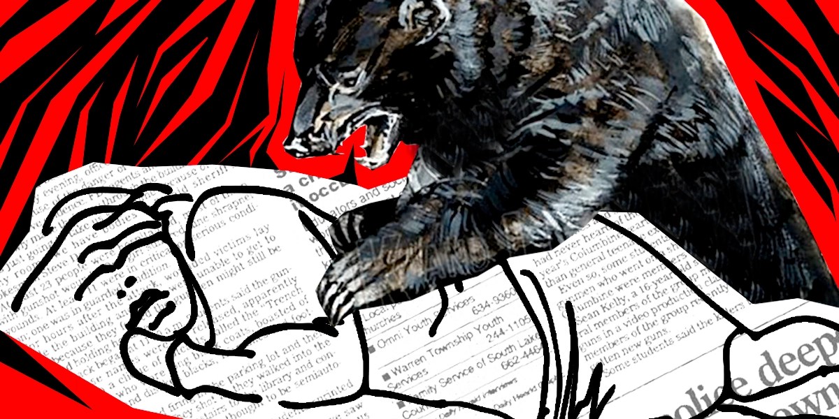 A multimedia collage of a bear waking someone up from their sleep