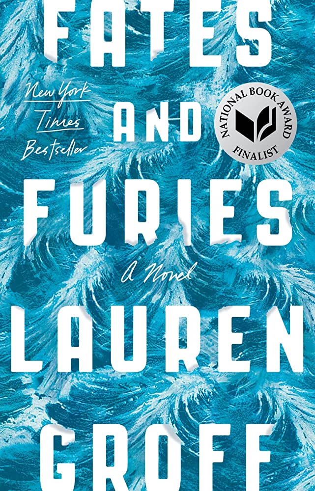 the cover of fates and furies features a background of illustrated ocean waves