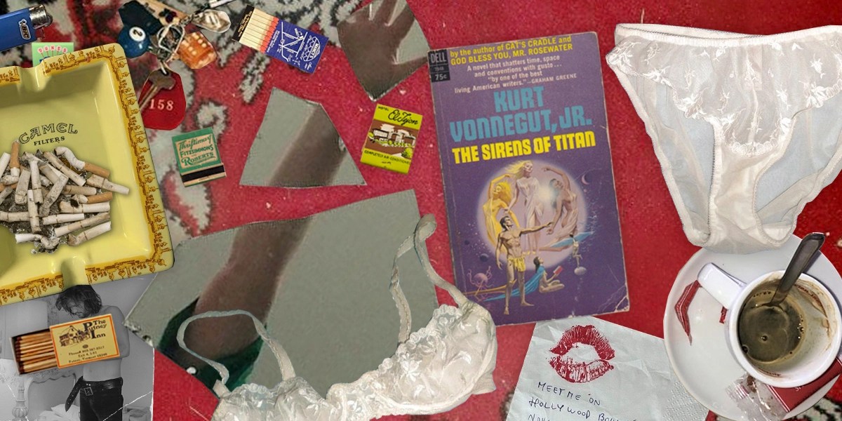 A collage of cigarettes, underwear, books, and coffee on a red floor