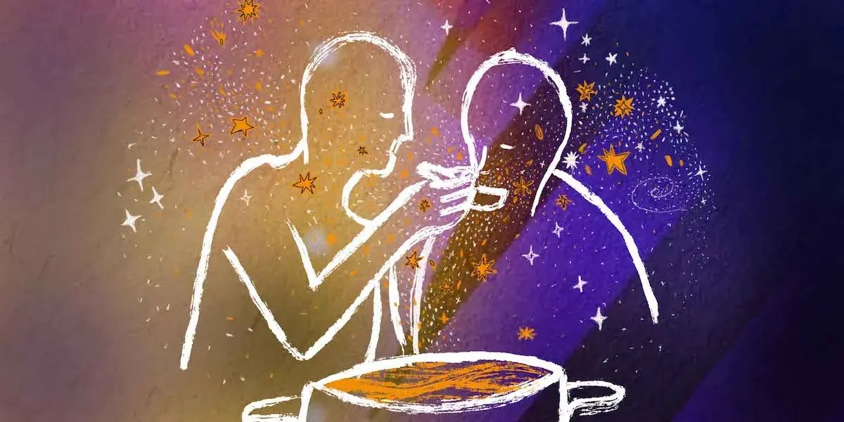 A white outline drawing of two people sharing soup in a blue and purple night sky