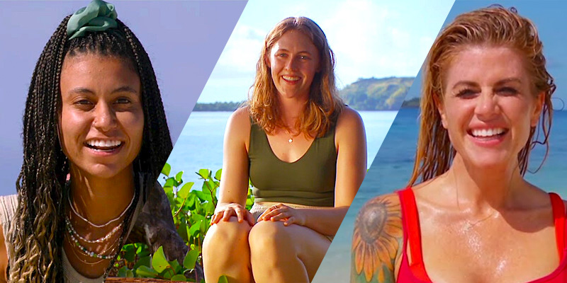 Survivor 44 contestants Frannie Marin, Claire Rafson, and Carolyn Wiger standing, smiling at the camera