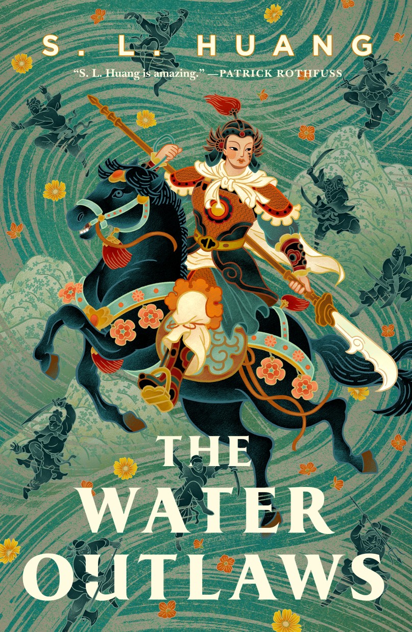 the cover of the water outlaws features an illustrated warrior figure on a decorated horse amidst rushing waves