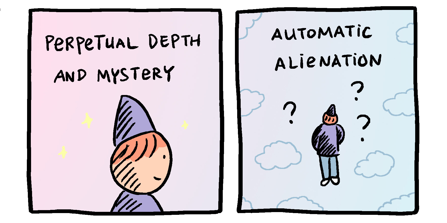 Two panel comic in shades of pink and blue show Baopu, an Asian person with red hair, wondering about 