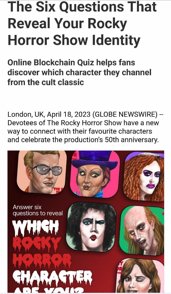 The Six Questions That Reveal Your Rocky Horror Show Identity. Onlin Blockchain Quiz helps fans discover which character they channel from the cult classic. London, UK 18, 2023 Devotees of the rocky horror show have a new way to connect with their favourite characters and celebrate the production's 50th anniversary.