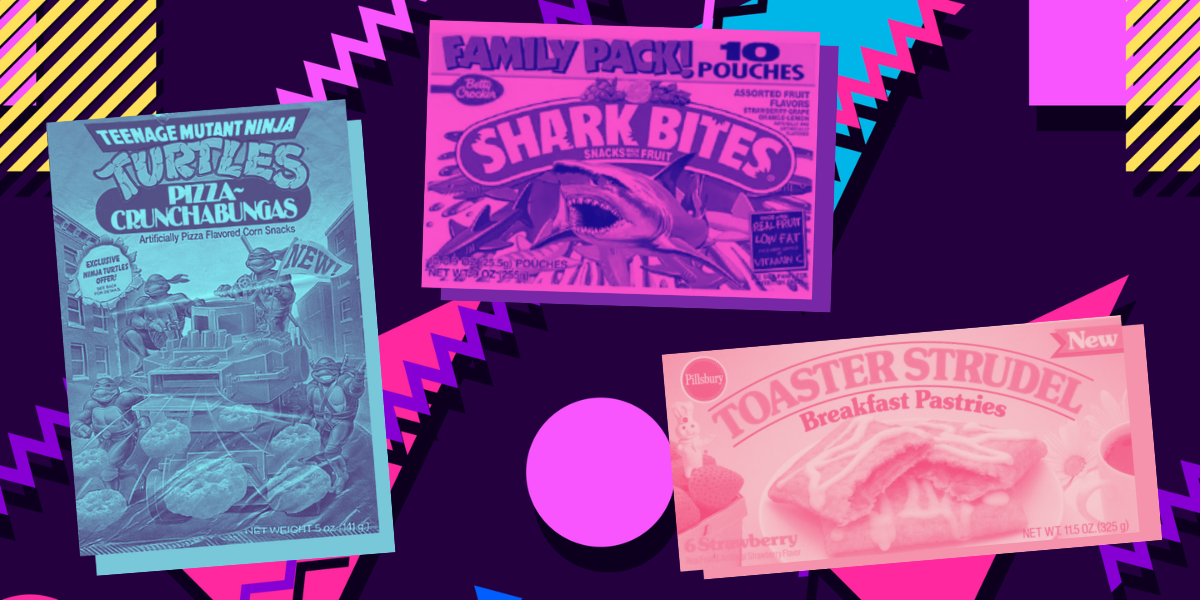 A package of TMNT Pizza Crunchabungas, a package of Shark Bites, a package of Toaster Strudel with a purple overlay, set against a 90s background of vivid color shapes.