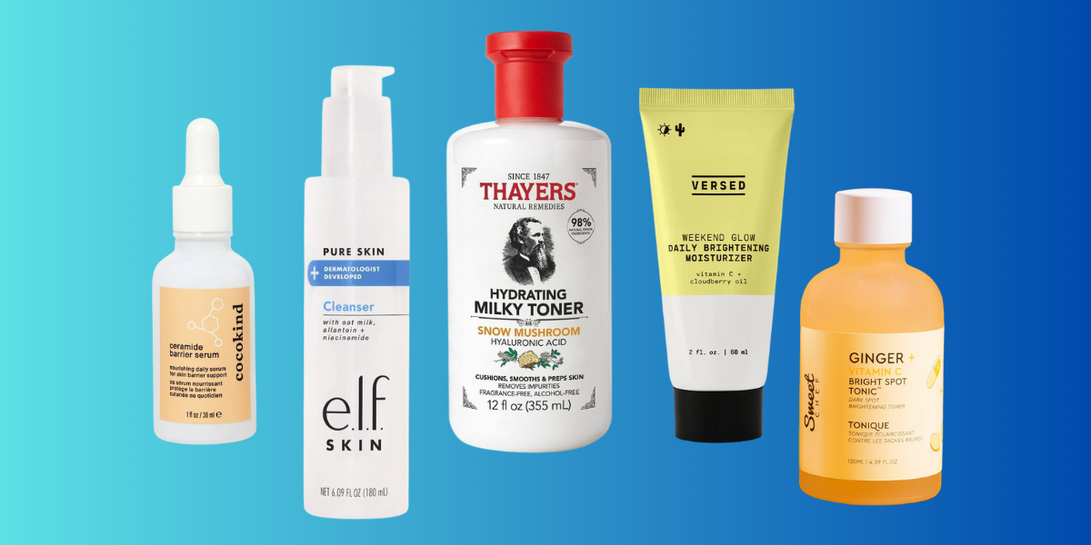 A variety of skincare products, left to right: serum by cocking, cleanser by e.l.f., toner by Thayers, moisturizer by Versed, and ginger tonic by Sweet Chef