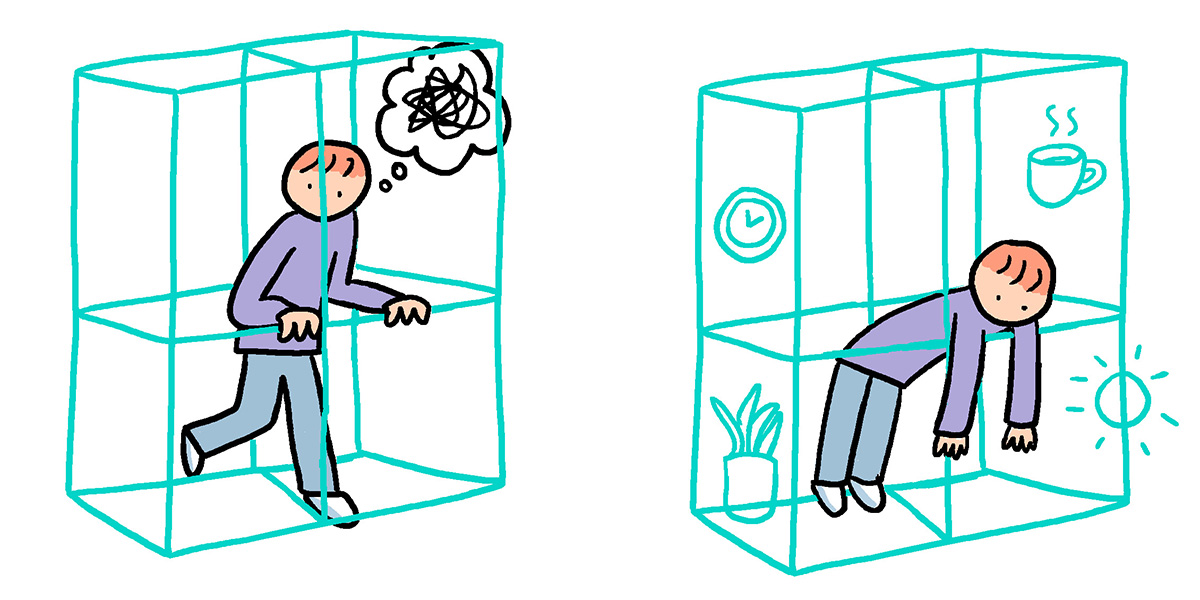 A drawn image of Baopu (an Asian queer person with red hair) walking around in an invisible boxed cage.