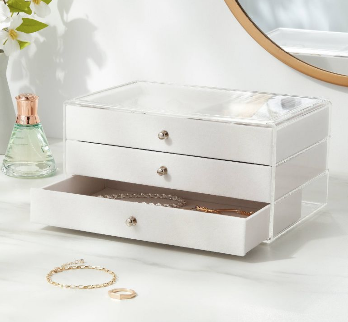 a white three-drawer accessories organizer