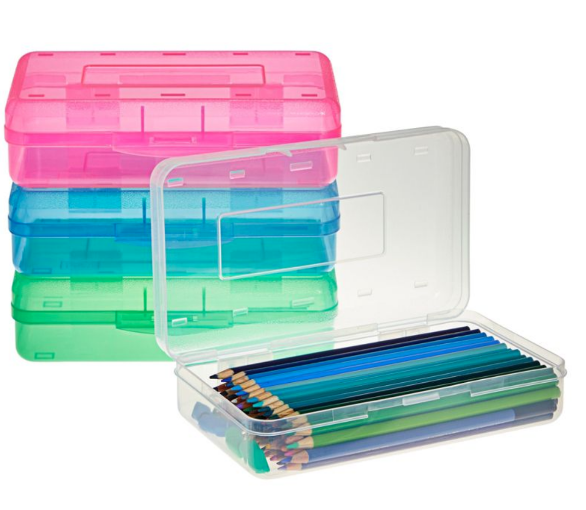 four colorful translucent pencil boxes